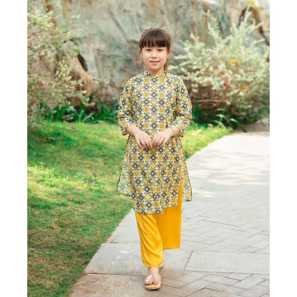 Áo dài cho bé gái BYZU, kiểu áo dài cách tân cô ba Sài Gòn vàng tươi, chất lụa cao cấp