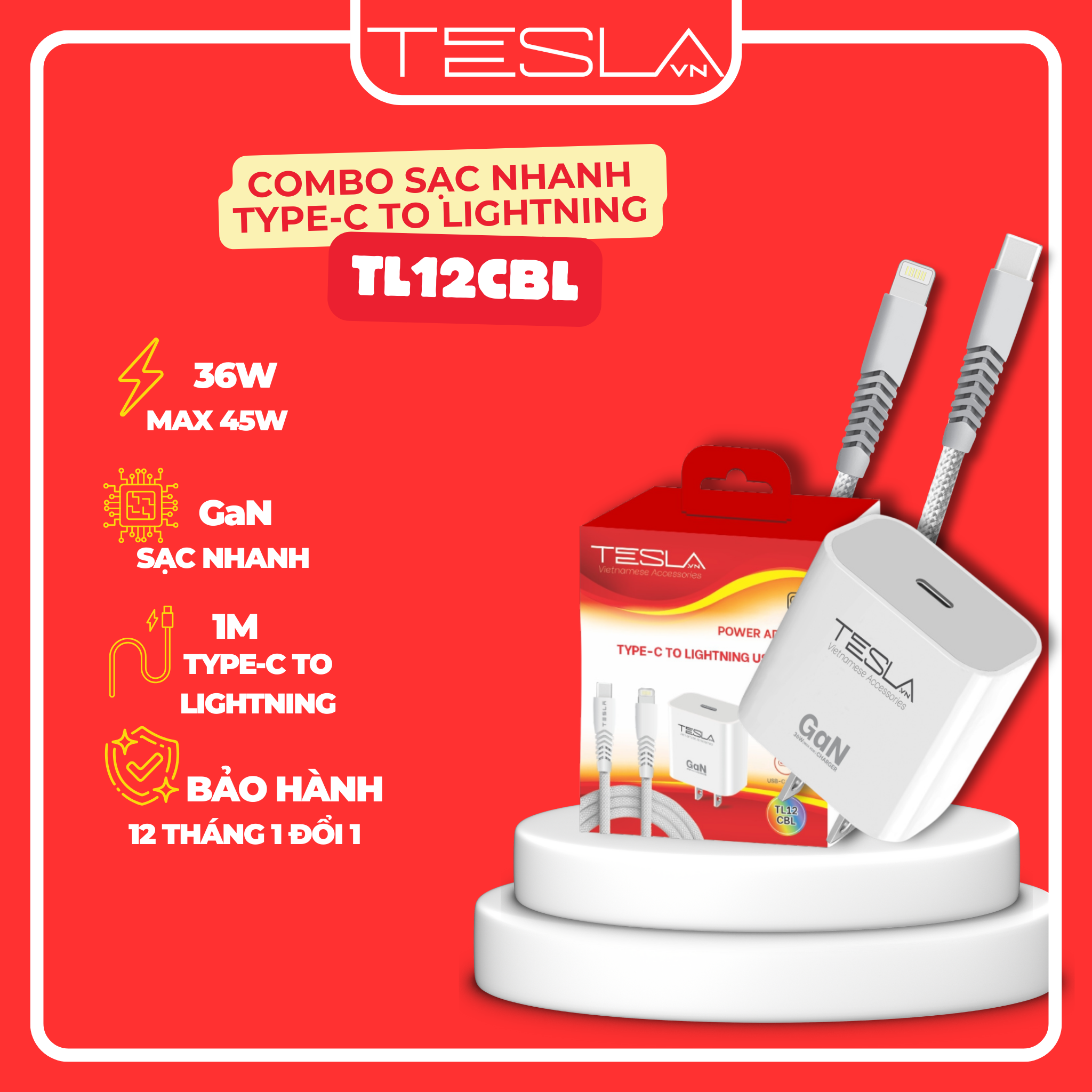 Combo sạc nhanh hàng chính hãng TESLA TL12CBL 36W GaN USB-C (C to L) | Bảo hành 12 tháng 1 đổi 1 | Made in Việt Nam