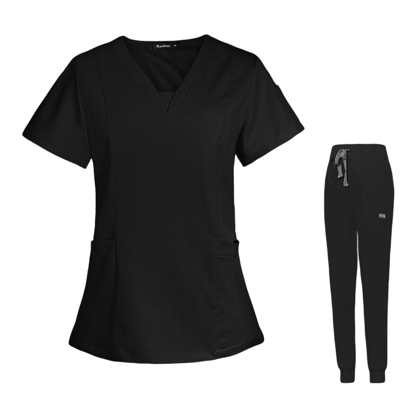 Men Women Scrubs Set, Nursing Uniforms Stretch V Neck Scrub Top and Pants Esthetician Workwear Hospital Nurse Costume for Pet Groomer,