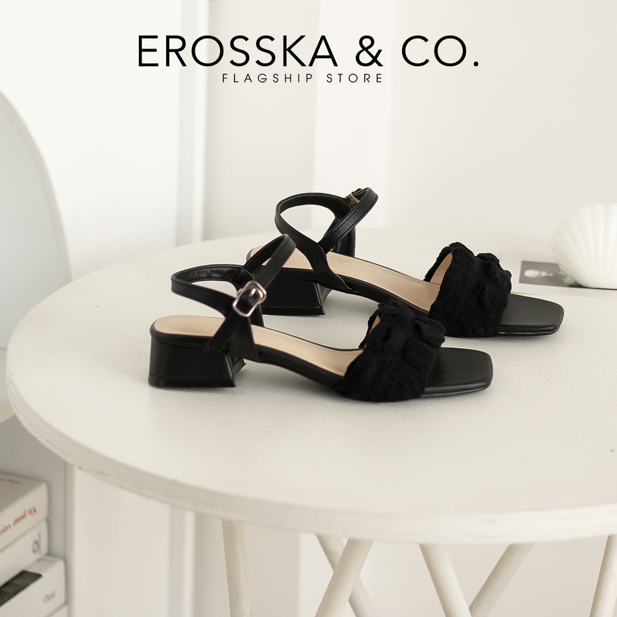 Erosska - Giày sandal cao gót nữ mũi hở quai ngang bèo nhún - EB053