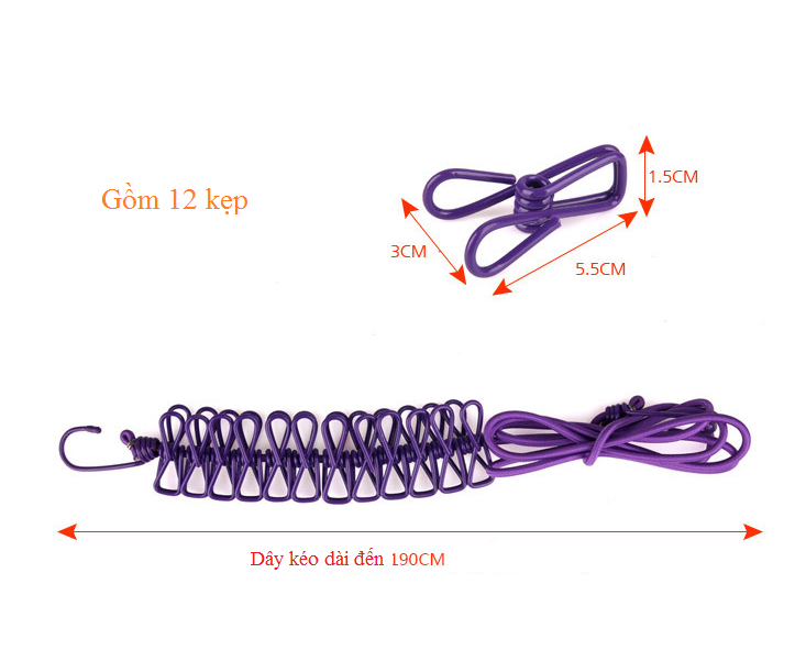 Dây thun treo phơi quần áo, tất vớ, khăn mặt có kèm 12 kẹp