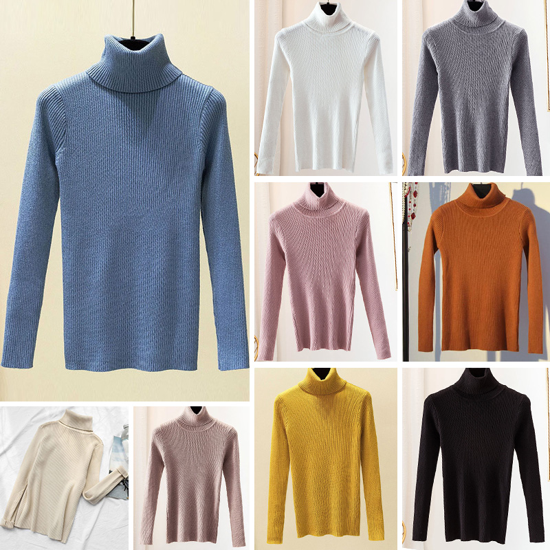 Women Sweater Stretchy Solid Color Ribbed High Neck Long Sleeve Slim Autumn Winter Casual Brief Pullover
