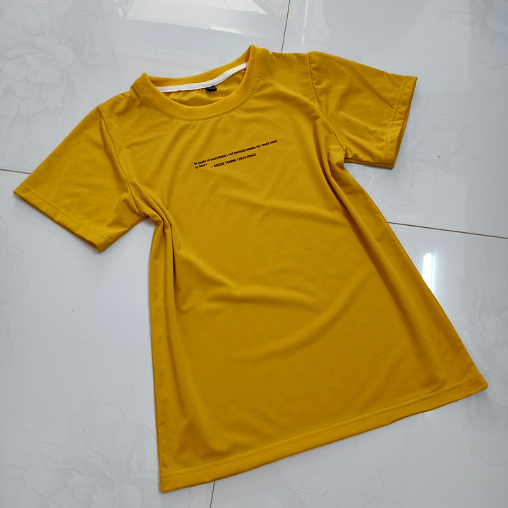 Áo Thun Nữ Màu Vàng Nghệ Tay Ngắn In Dòng Chữ Nhỏ ARESA THANK ATN3968