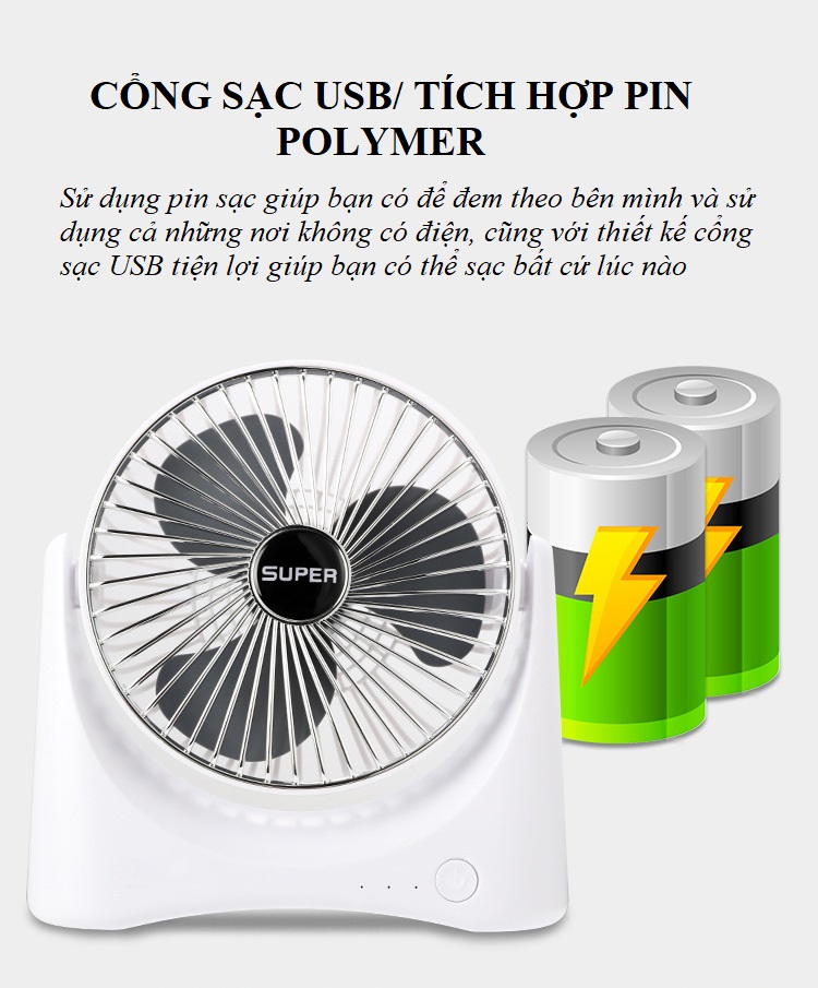 Quạt Mini Để Bàn Sạc Pin Tích Điện Super Fan, Quạt Để Bàn 3 Tốc Độ Gió, Tích Hợp Chế Độ Gập Thông Minh