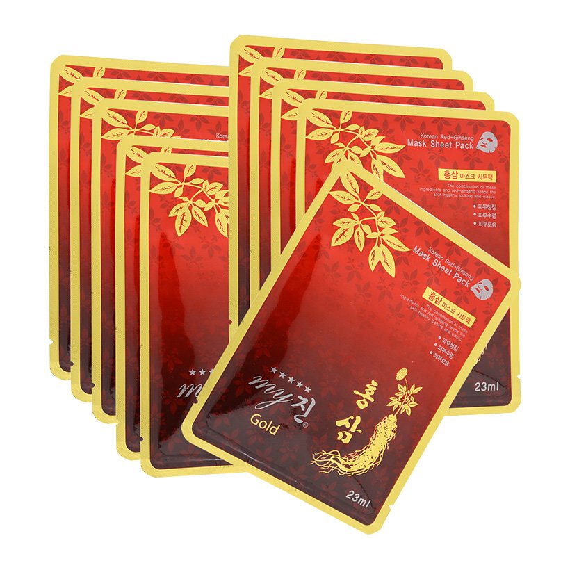 Hộp 10 miếng mặt nạ dưỡng da chống lão hóa hồng sâm cao cấp Hàn Quốc My Gold Korea Red Ginseng Mask Sheet Pack ( 23ml / miếng ) - Hàng Chính Hãng