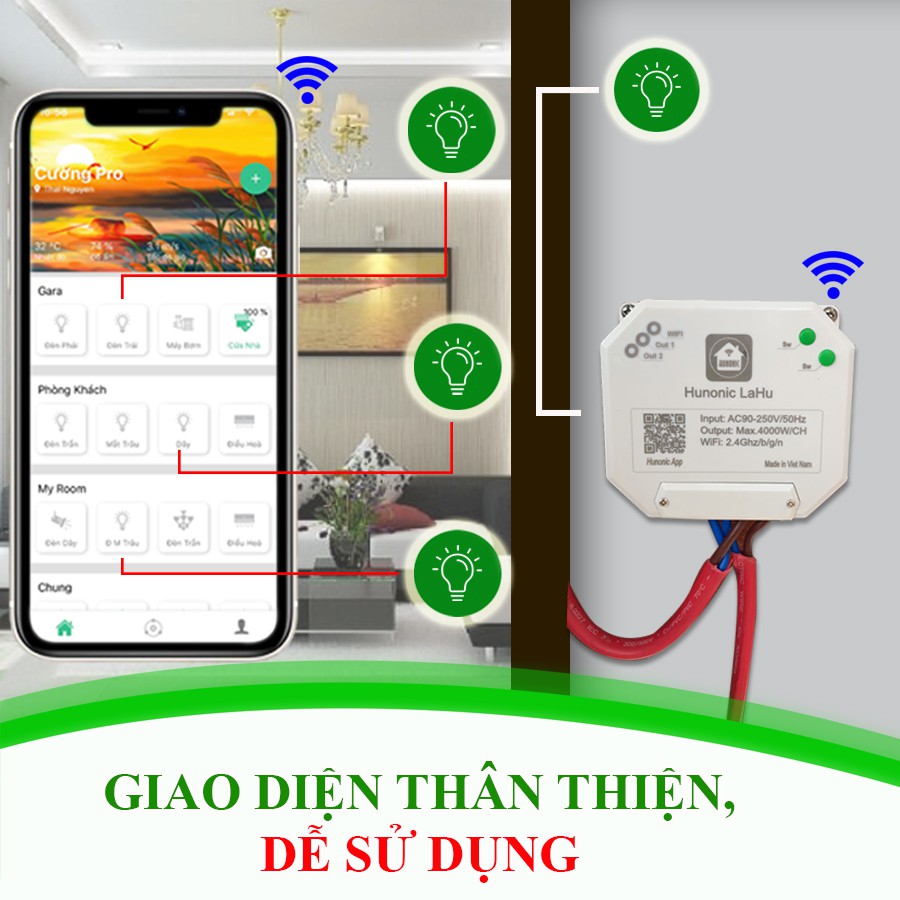 Công tắc thông minh Hunonic Lahu Chuyên dùng máy bơm, bình nóng lạnh . Công tắc cảm ứng WIFI hỗ trợ Google Assistant- Công tắc điện 2 màu đen trắng | Hàng Việt Nam Chất Lượng Cao- BH 12 tháng