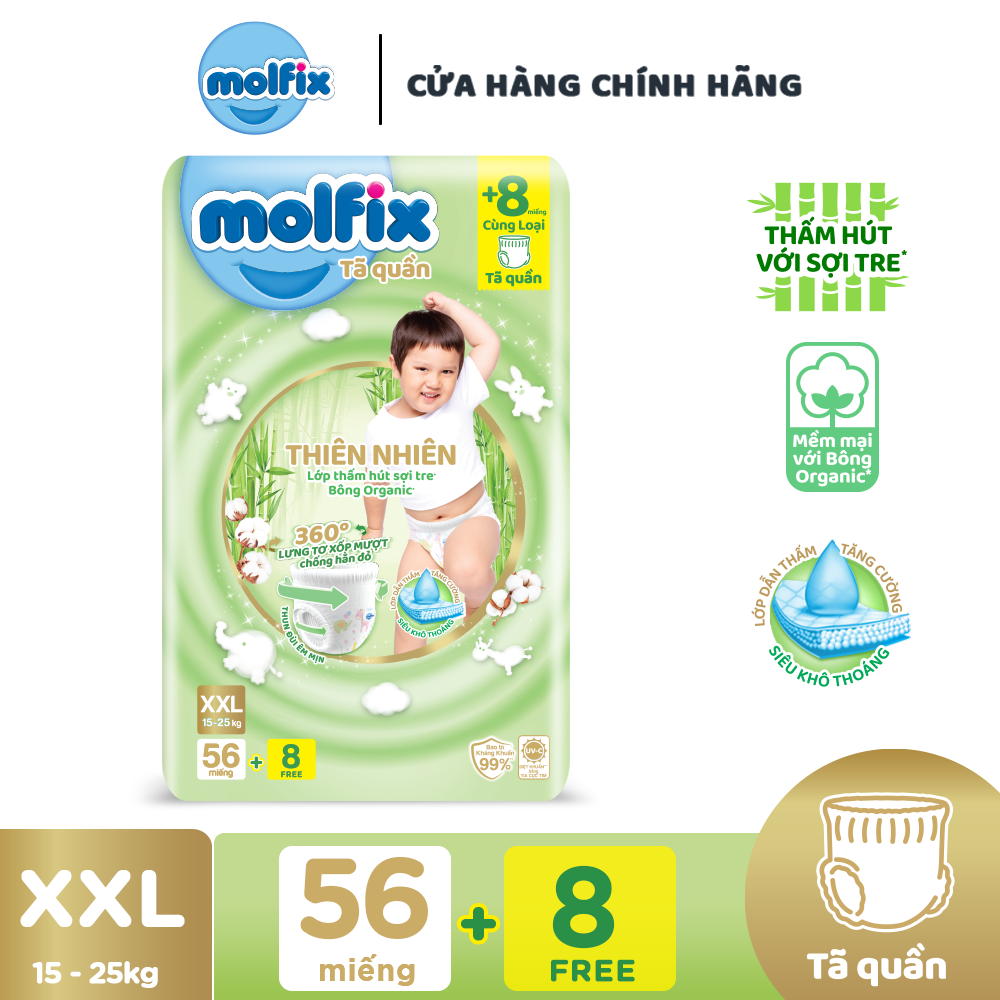 Tã/bỉm quần Molfix Thiên nhiên Ultra XXL (15kg - 25kg) - Gói 56+8 miếng