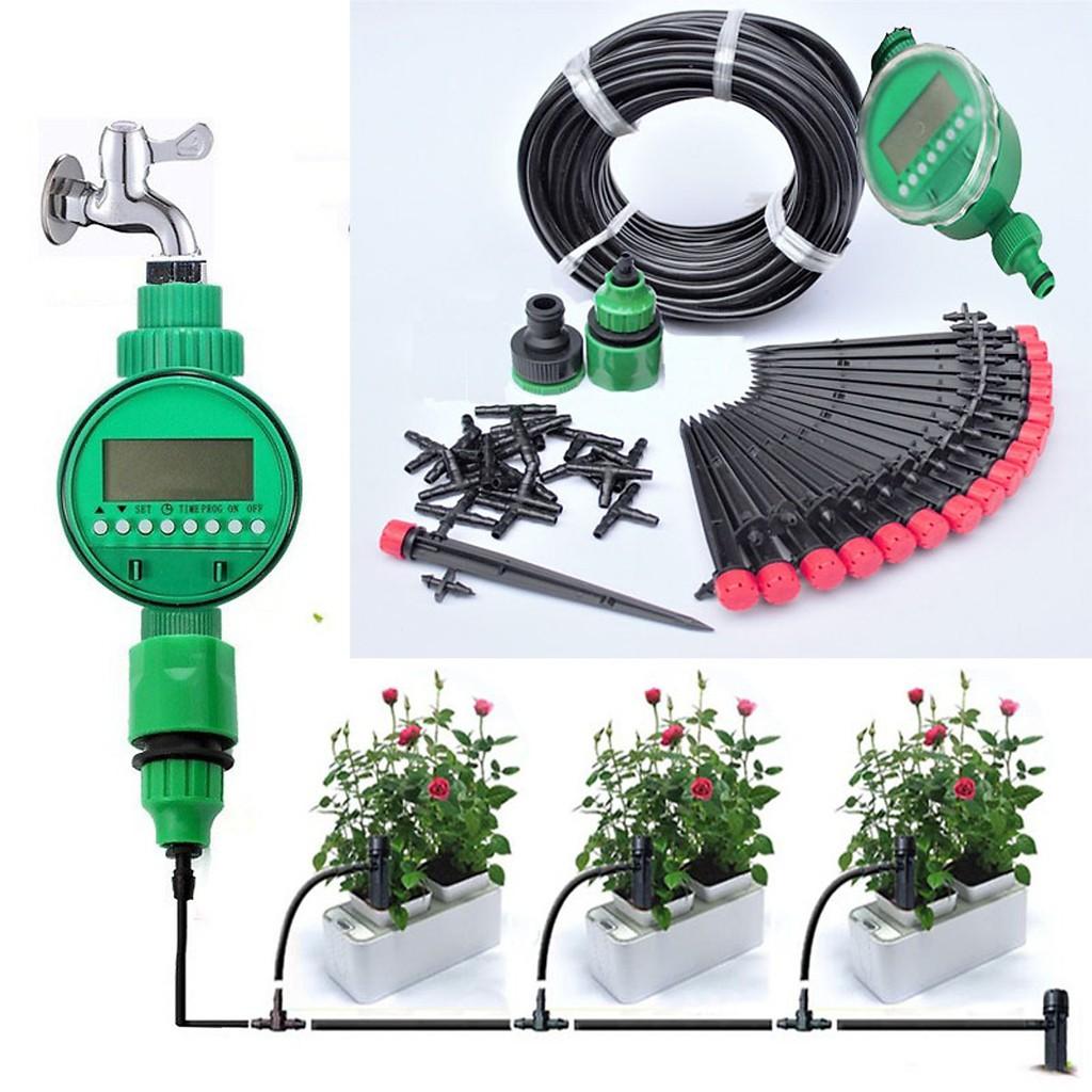 Bộ béc tưới cây nhỏ giọt tự động 20 đầu cắm phun 8 tia kèm van nước hẹn giờ