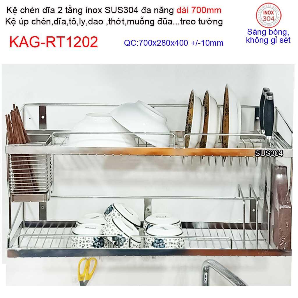 Kệ úp chén dĩa 2 tầng 70cm đa năng inox 304, kệ chén dĩa 2 tầng inox KAG-RT1202