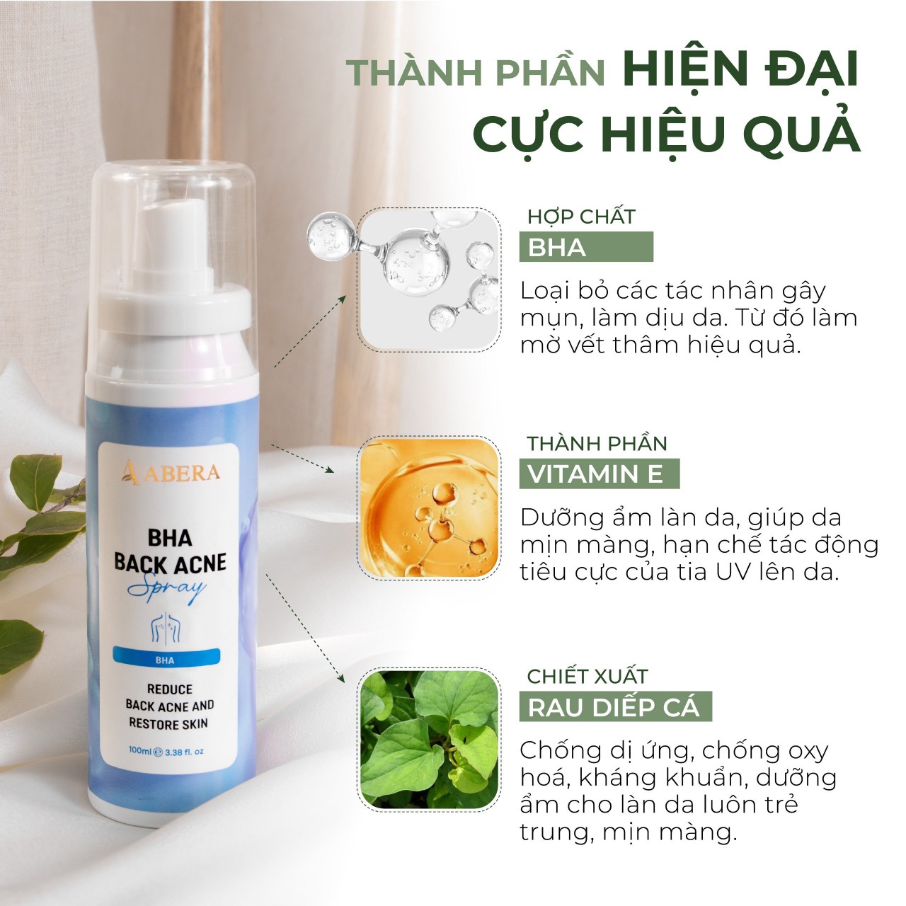 Xịt Mụn Lưng Abera BHA 100ML - Giảm Mụn, Mờ Thâm, Ngừa Mụn Cơ Thể,  Viêm Nang Lông, Dưỡng Sáng Da