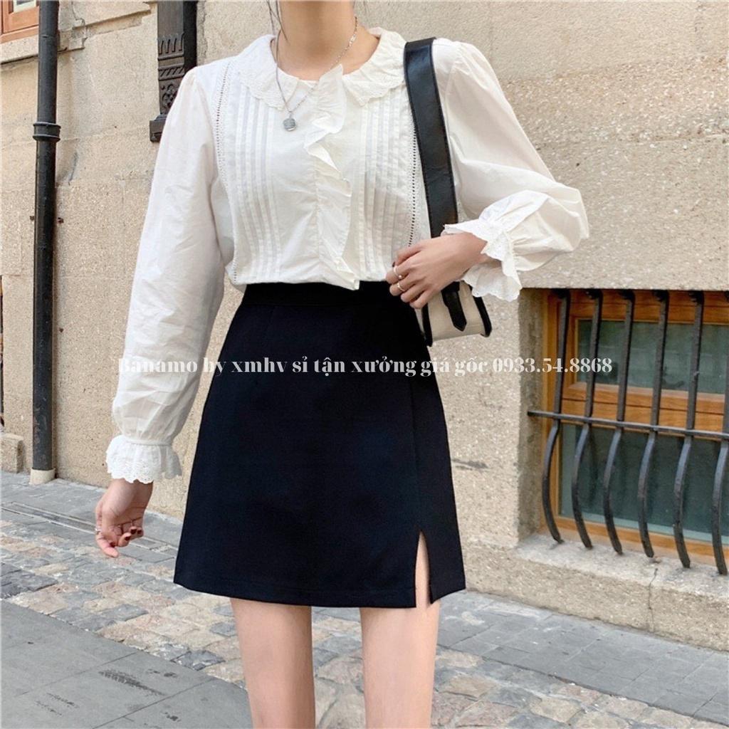 Chân váy nữ xẻ đùi chất tuyết mưa siêu đẹp thời trang Banamo fashion chân váy A xẻ đùi 5342