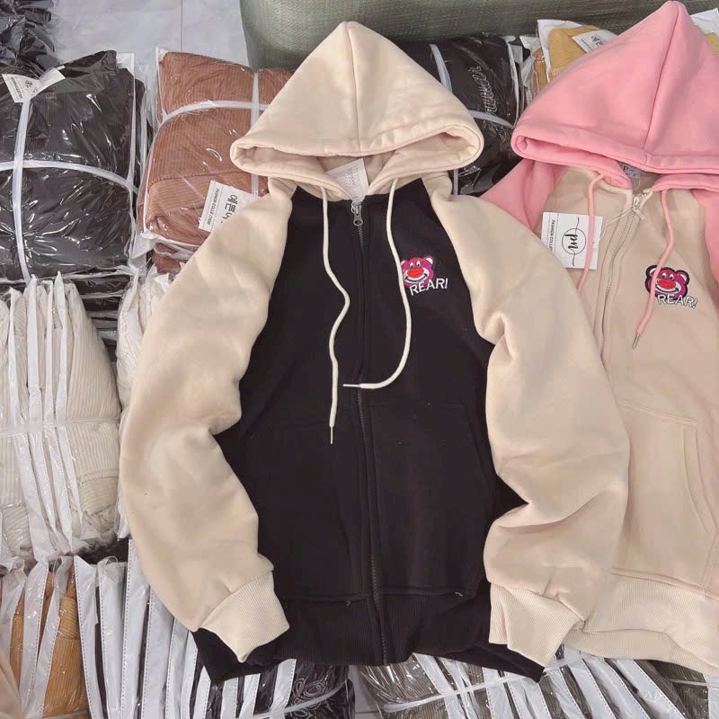 Hình ảnh áo khoác nỉ hoodie zip nỉ ngoai thêu gấu BEER siêu dày mịn tay phối màu nam nữ mặc đều đẹp Khóa kéo Trẻ Trung From Rộng Chất Nỉ Dày Đẹp mềm mịn Có Nón, Áo Khoác Hoodie Cao cấp Phối Màu Nón rộng 2 lớp thời trang Form áo to bự phối tay raplang Y Hình