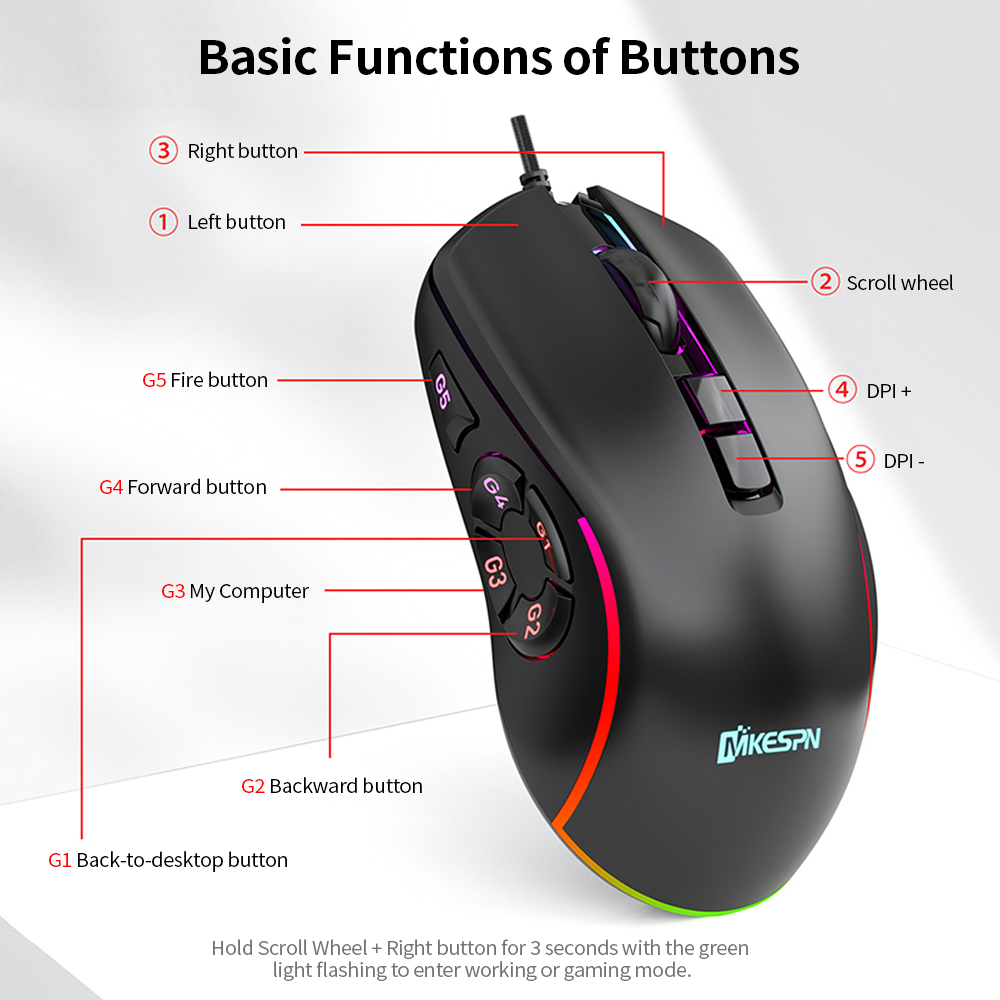 Chuột Chơi Game Có Dây 7200DPI RGb Backlit Mouse 6 Mức DPI Có Thể Điều Chỉnh / 10 Nút Có Thể Lập Trình / Nút Quay Lại Màn Hình