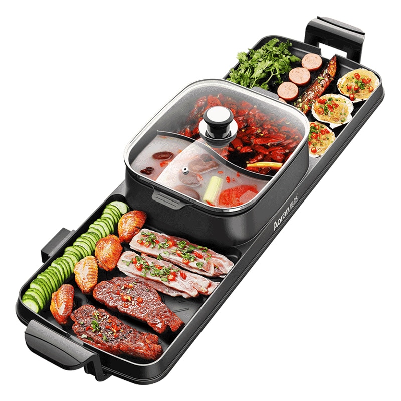 Bếp lẩu nướng điện gia đình 2 ngăn, nồi lẩu có thể tách rời Electric Barbecue Grill Multi-function BBQ