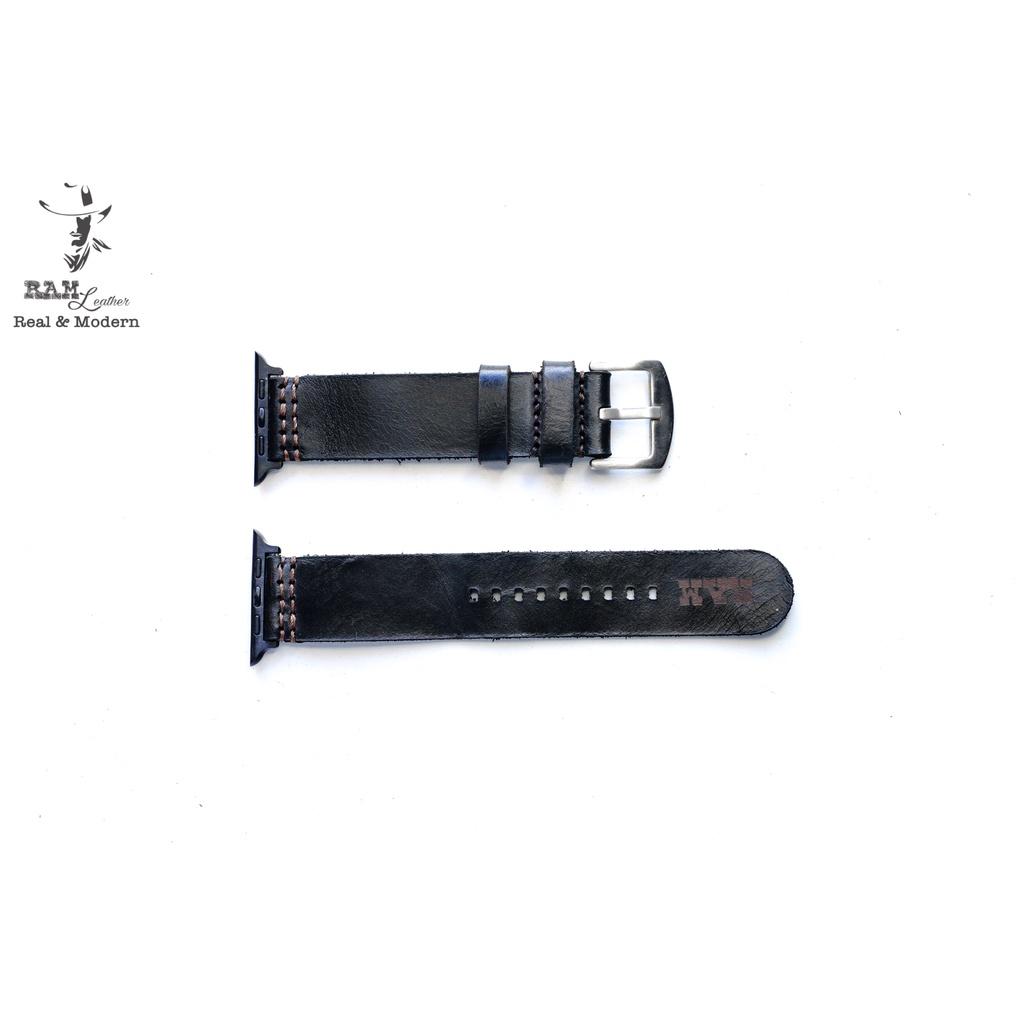 Dây đồng hồ da bò màu đen handmade bền chắc cao cấp RAM simple - tặng khóa chốt và cây thay dây