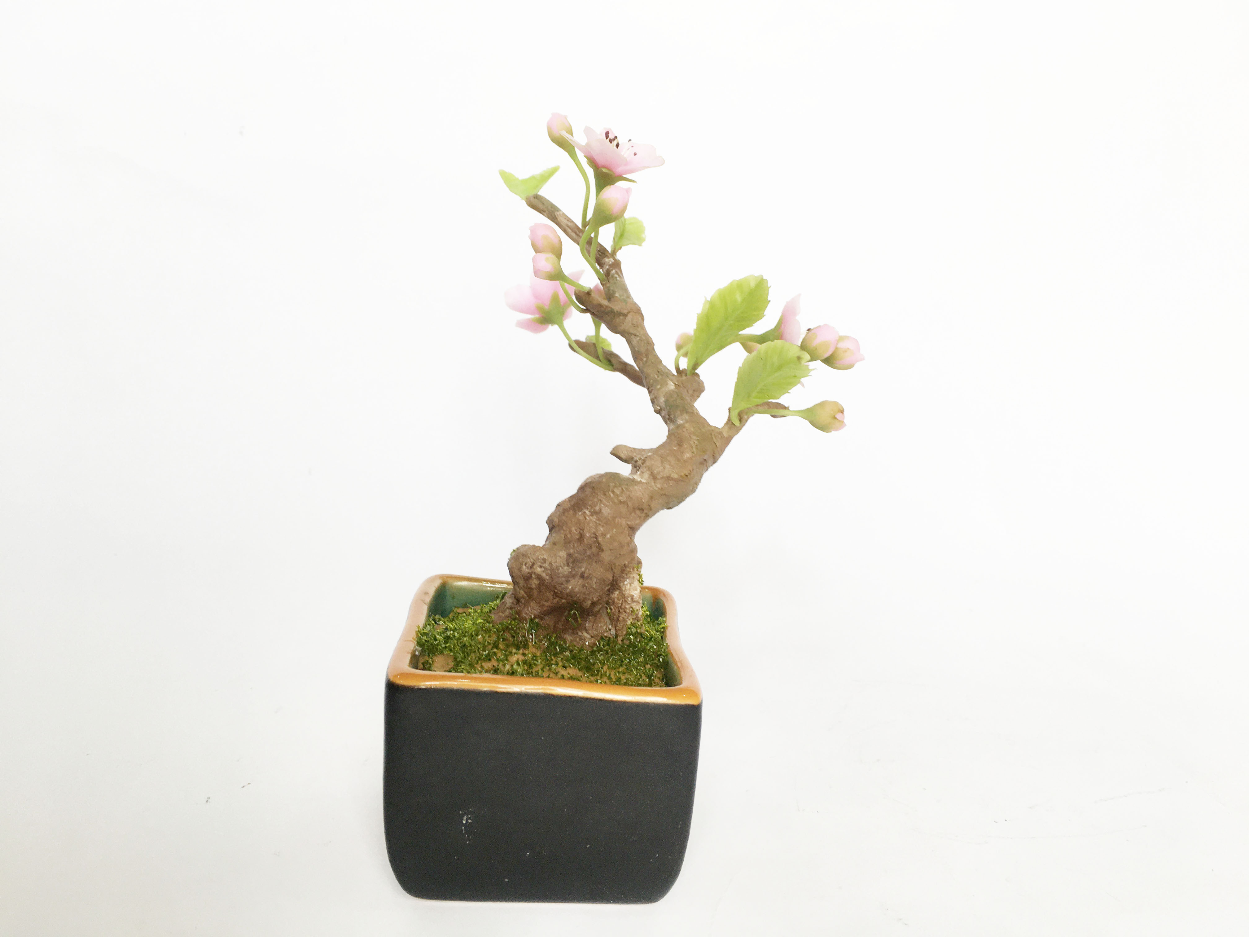Chậu hoa đất sét mini- Bonsai hoa đào sakura - Quà tặng trang trí handmade (18x10x10cm)