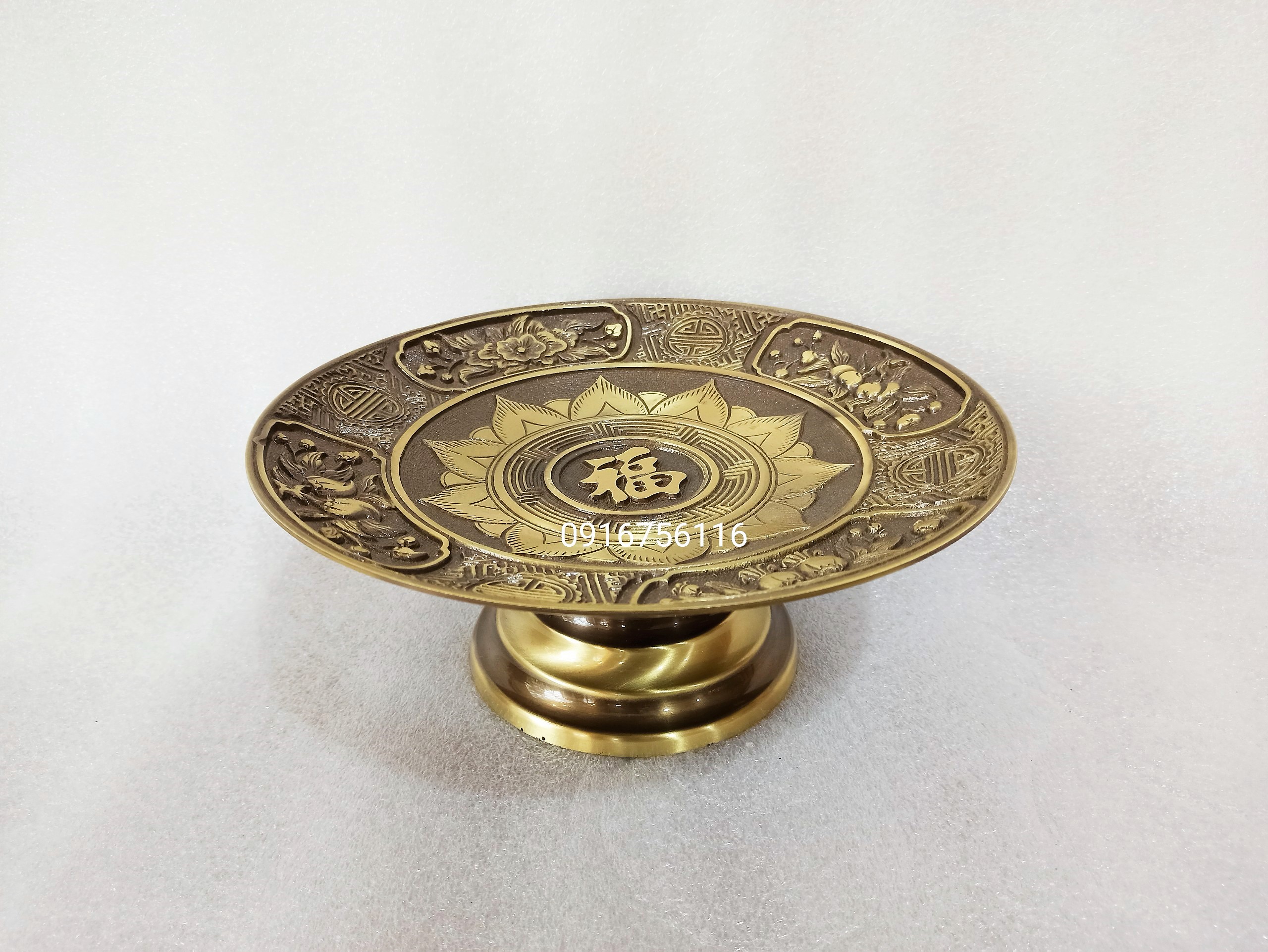 Mâm bồng 28cm, mâm đựng hoa quả, mâm đồng chữ Phúc hoa sen, hàng kỹ đẹp 2kg