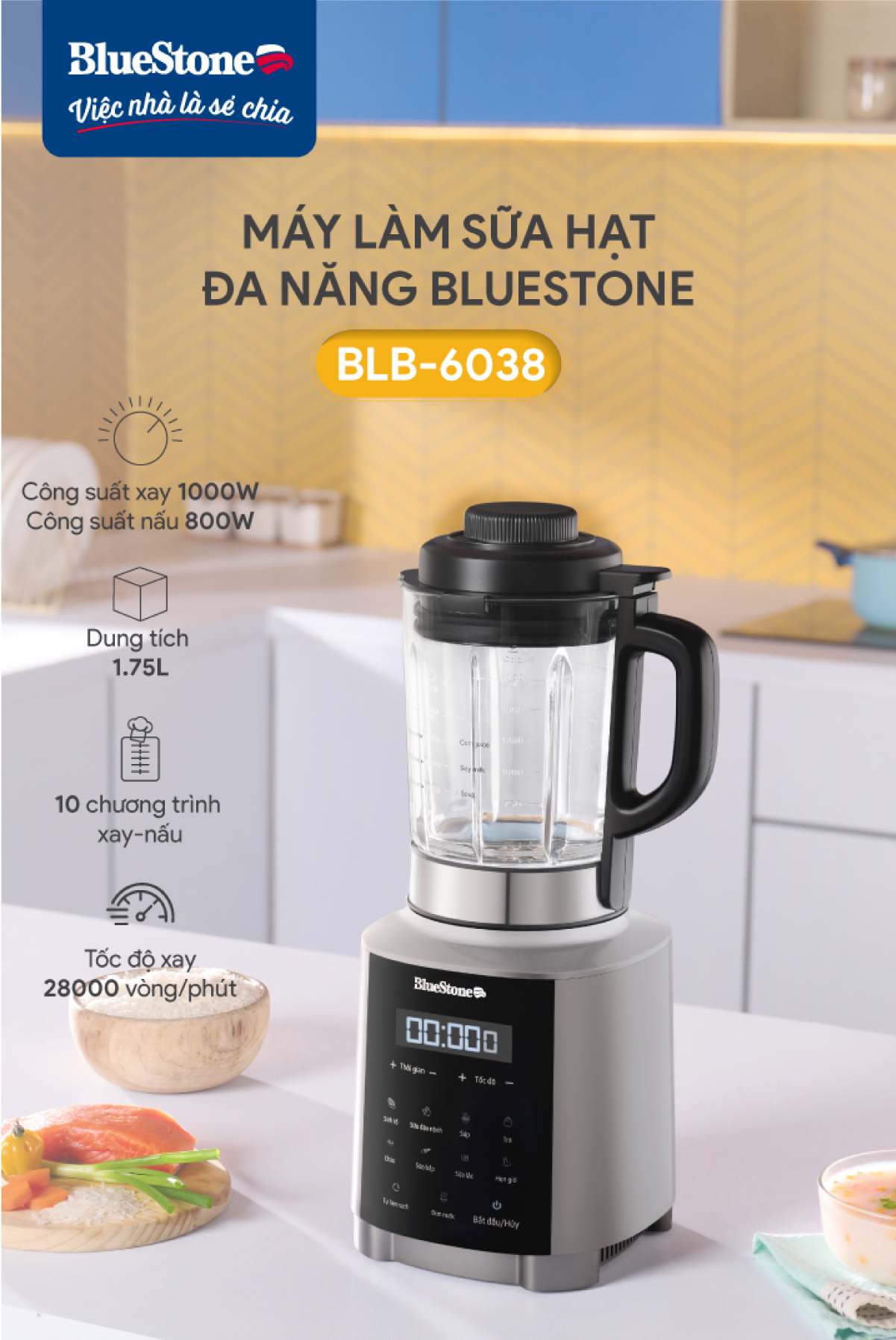 [Trả Góp 0%] Máy Xay Nấu Sữa Hạt Đa Năng  BlueStone BLB-6038 - Công suất 1000W - 7 chương trình nấu - Bảo hàng 24 tháng - Hàng chính hãng