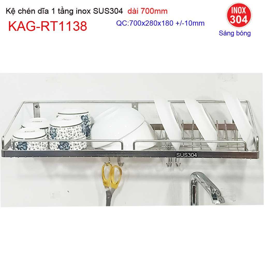 Kệ đựng chén bát inox 304, kệ úp chén dĩa 1 tầng inox dài 70cm KAG-RT1138