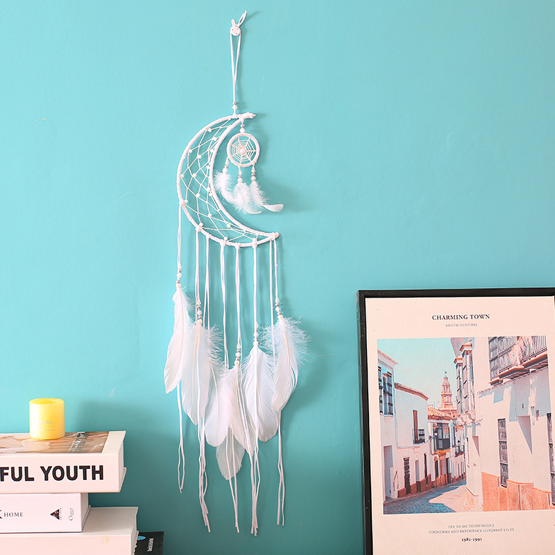 Dream Catcher Mặt Trăng Lớn Phối Lông Vũ Tua Rua Dài