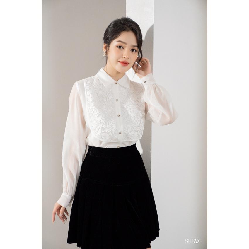 SHEAZ Sơ mi tơ trắng phối ren ngực cao cấp cổ đức cổ sơ mi tay dài phong cách Hàn Quốc