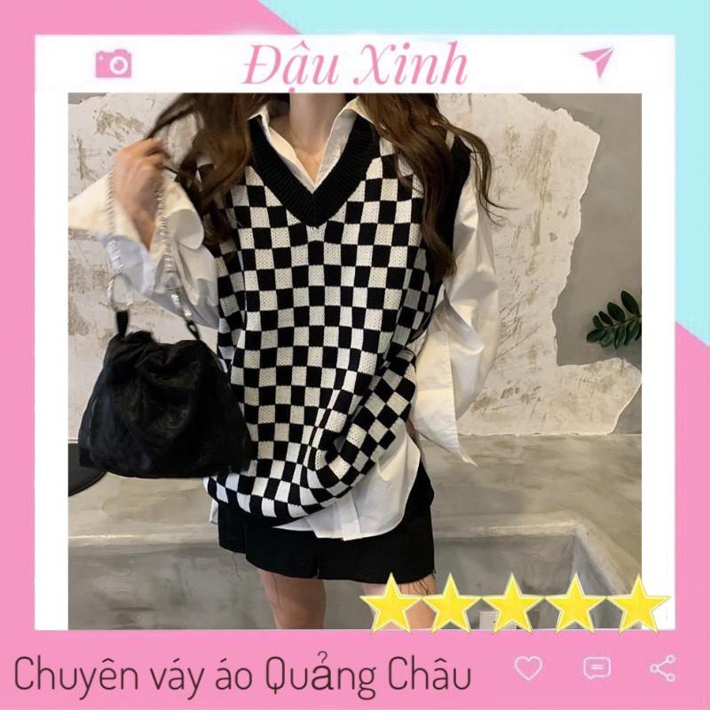 áo gile len kẻ caro dáng rộng áo len nữ hàn quốc ulzzang - 093