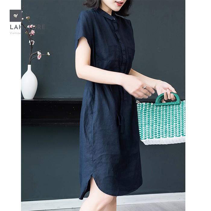 Đầm suông linen cổ đức bổ trụ 2 túi ốp ngực LAHSTORE phong cách Hàn Quốc