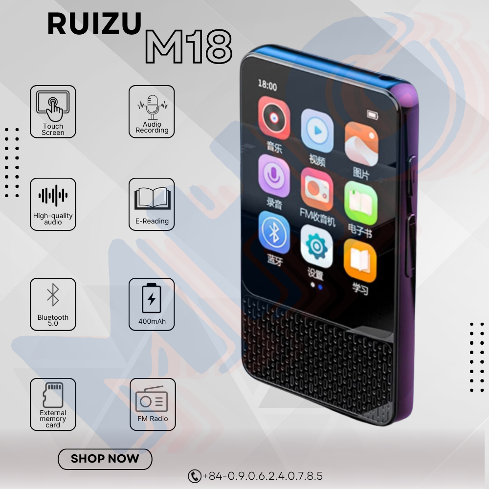 Máy Nghe Nhạc MP3 RUIZU M18, Bluetooth 5.0 Có Loa Tích Hợp Máy Phát Âm Thanh Màn Hình Cảm Ứng 2.4Inch Máy Học Thông Minh Đa Chức Năng Hỗ Trợ Máy Ghi Âm Đài FM Hình Ảnh Máy Phát Video Đếm Bước Chân - Hàng nhập khẩu