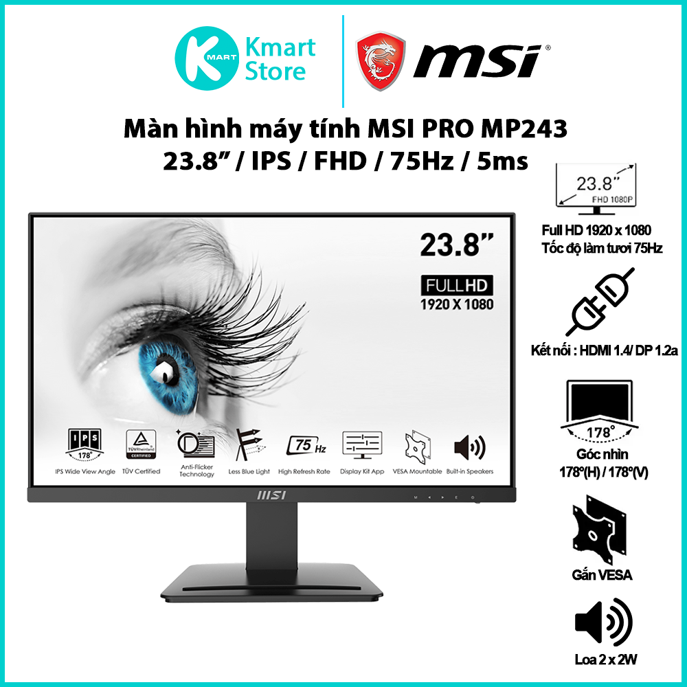 Màn hình MSI Pro MP243 [ĐEN] 24inch (23.8&quot; FHD IPS, HDMI 60Hz + DisplayPort 75Hz) - Hàng chính hãng DGW phân phối