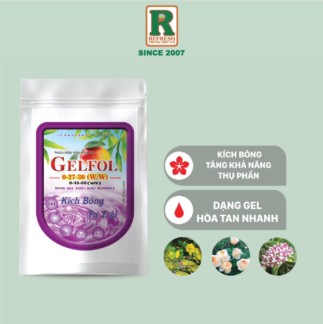 Phân bón PK GELFOL 0-45-50 ra hoa đồng loạt, tỉ lệ đậu hoa trái cao, hạn chế rụng trái non dạng gel đậm đặc