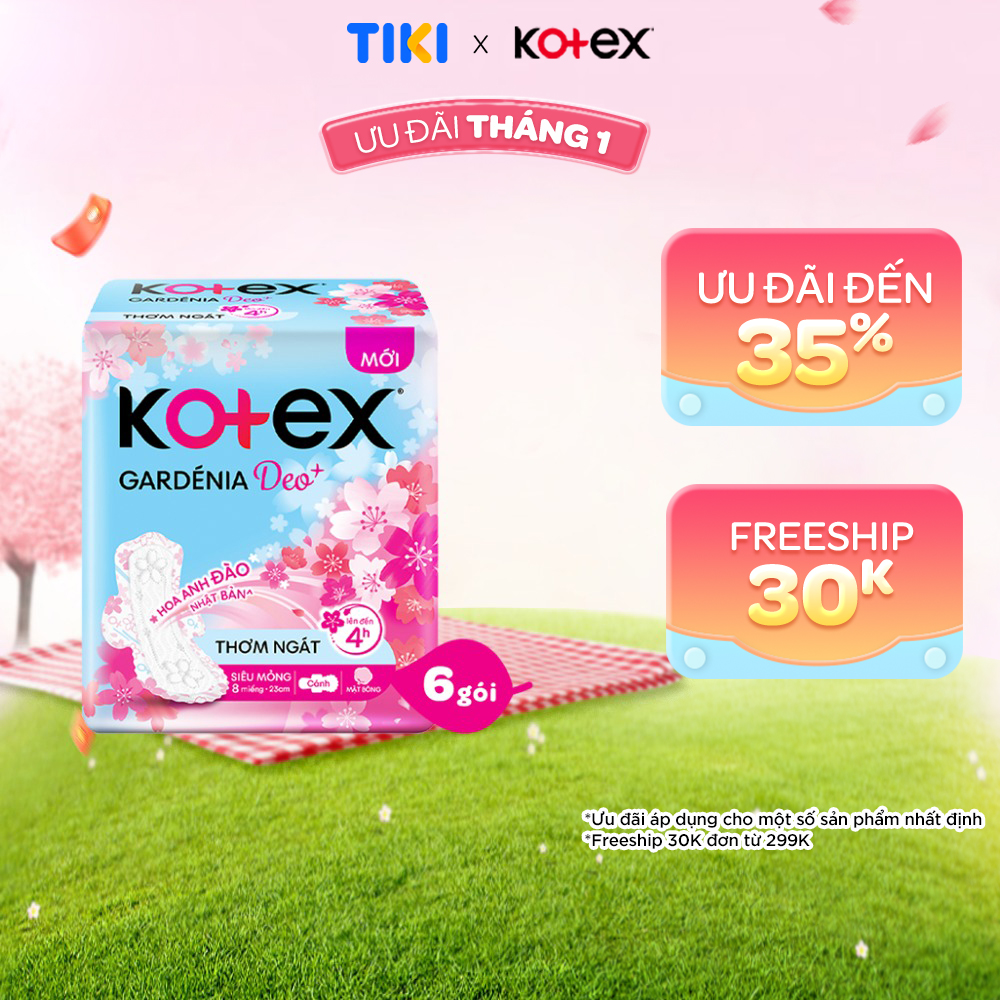 Combo 6 gói băng vệ sinh Gardenia Deo+ - Hoa Anh Đào Mặt Bông siêu mỏng 23cm 8 miếng