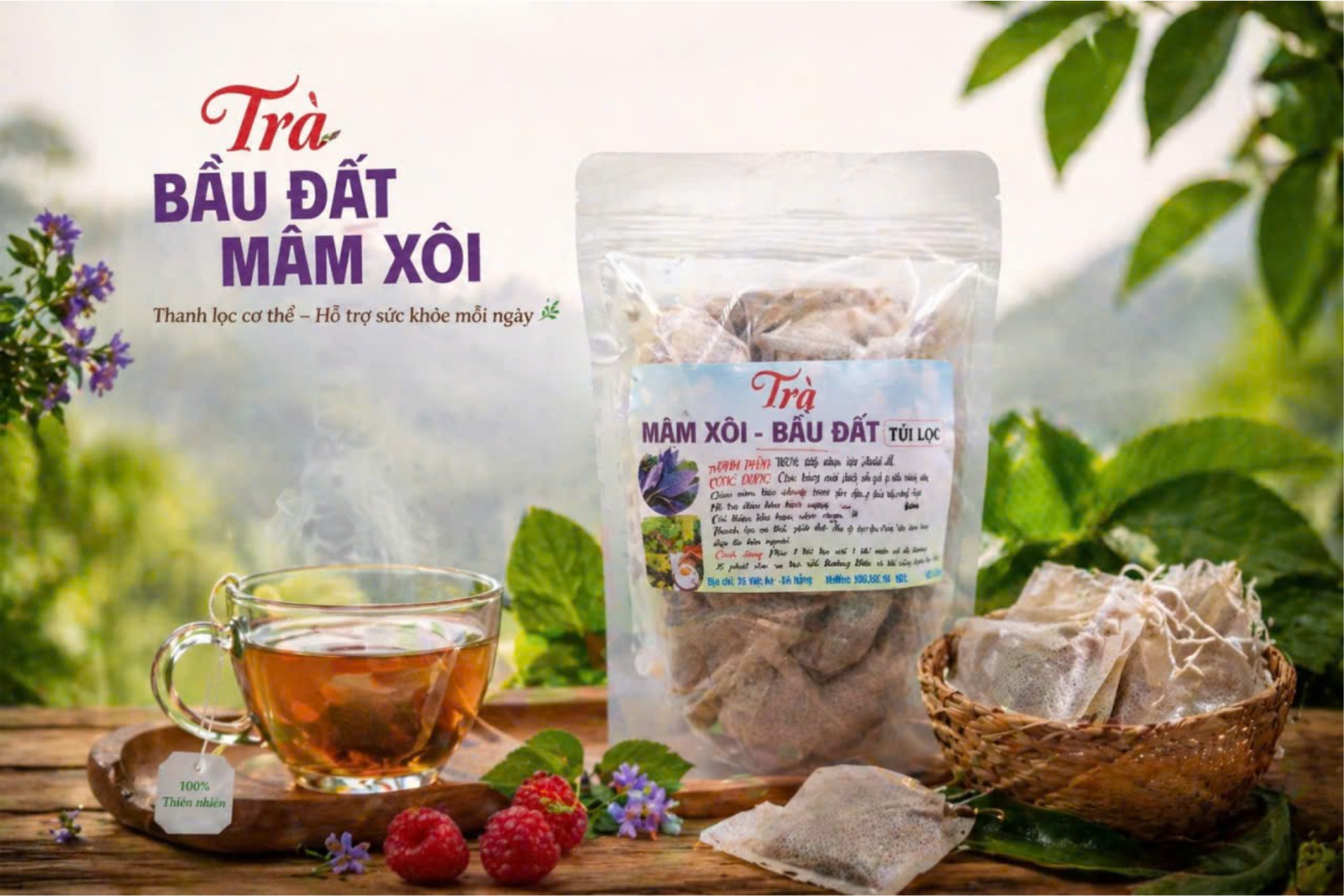 Trà bầu đất mâm xôi, 1 gói 50 túi lọc, giúp điều k.inh, đẹp niêm mạc, dưỡng trứ.ng