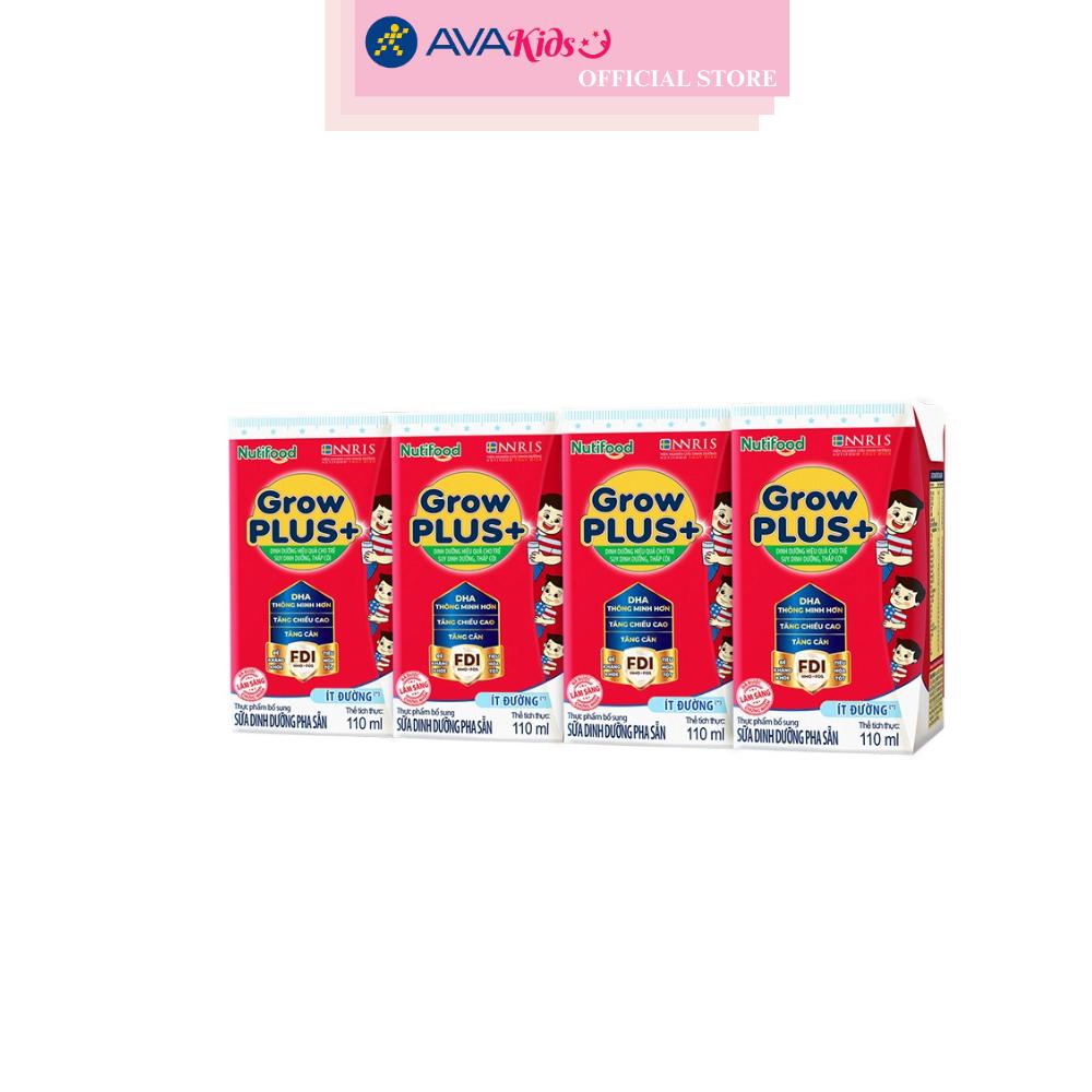 Lốc 4 hộp sữa pha sẵn Nutifood GrowPLUS+ đỏ ít đường hương vani 110 ml cho trẻ suy dinh dưỡng, thấp còi (từ 1 tuổi)