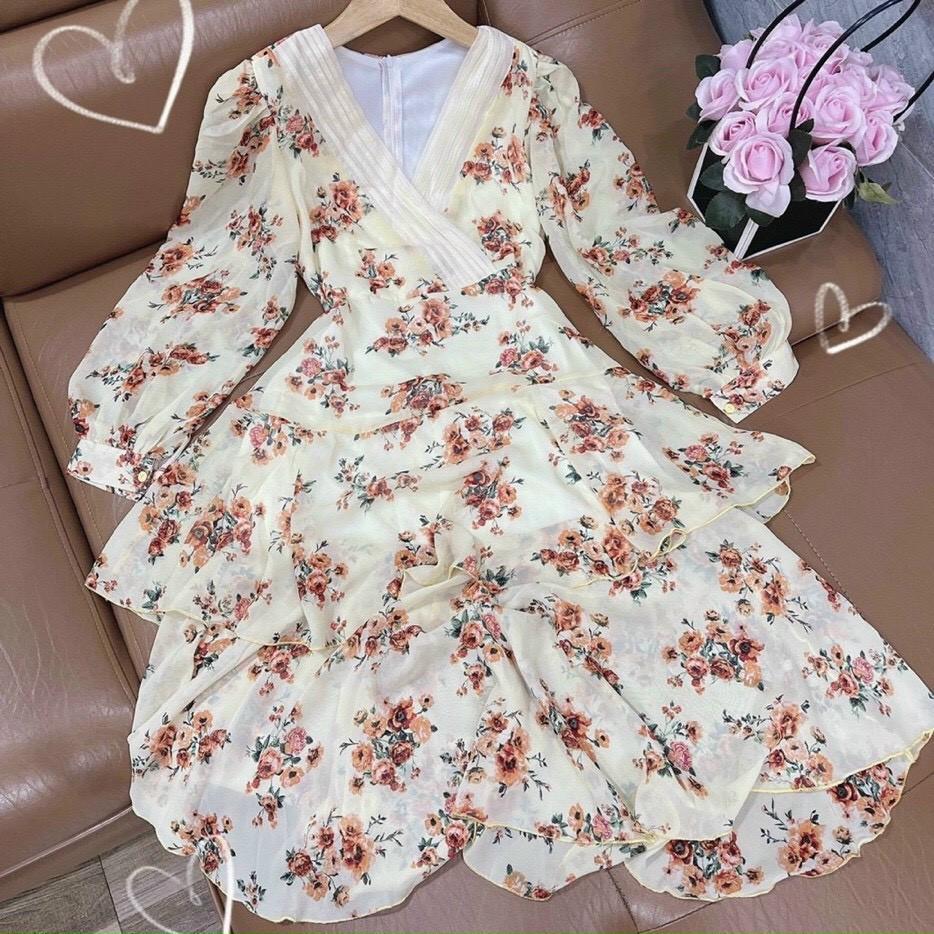 Đầm hoa nhí vintage vải voan SANMAY Váy Maxi Dài Thiết Kế cổ V tay phồng, dáng dài ôm eo VD014