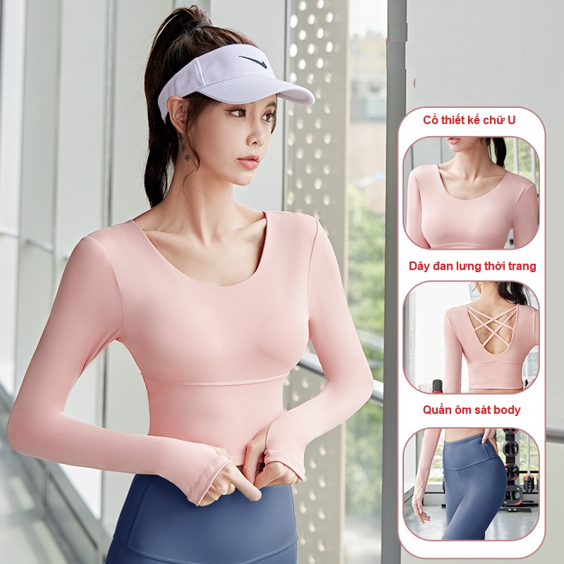 Bộ đồ tập gym nữ có mút đệm, áo dài tay croptop dây lưng thời trang xỏ ngón và quần dài ôm body, tôn dáng