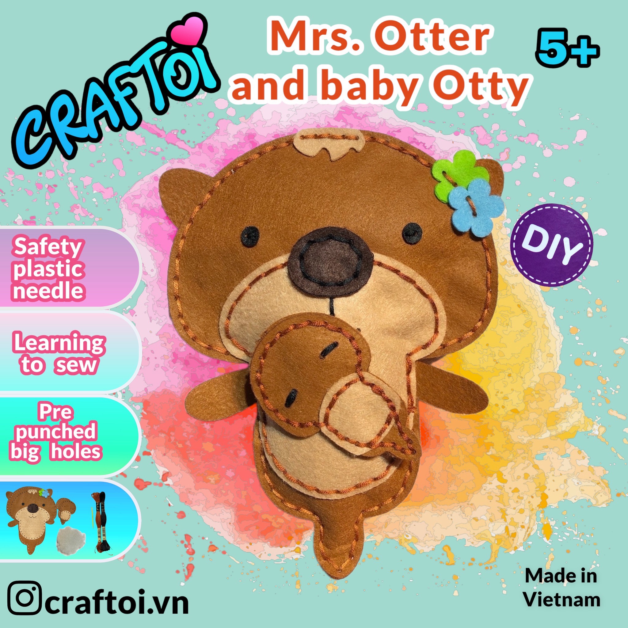 KIM NHỰA Bộ Thủ Công Trẻ Tự Làm Thú Bông 5+ Otter Mrs. Otter &amp; Baby Otty Craftoi Felt Sewing toy prepunched holes plastic needle