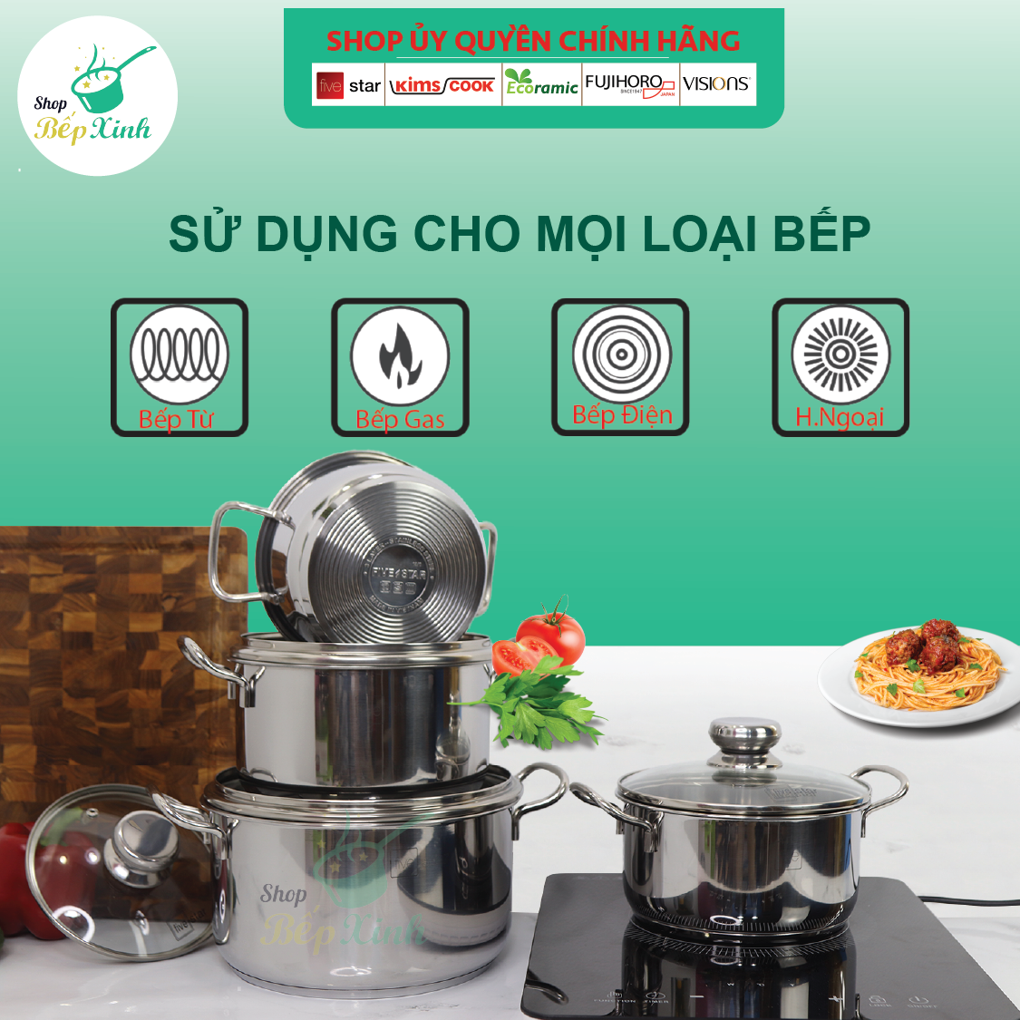 Bộ nồi inox , bộ nồi chảo Fivestar 4 chiếc nắp kính , tặng 2 vá canh, inox 430, dùng được bếp từ , gas, hồng ngoại