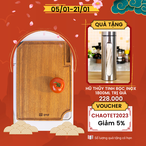 Thớt Gỗ Xoan Đào Cao Cấp GAGI Mã GC11 To Dày, Có Rảnh Thu Nước, Thiết Kế Thông Minh Tích Hợp Đá Mài Và Khe Cắm Điện Thoại, Móc Treo Tiện Lợi - Hàng Chính Hãng