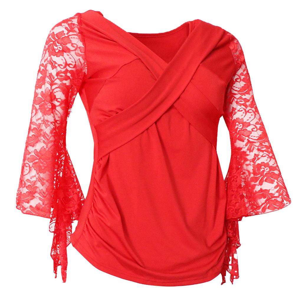 Ballroom Flamenco Latin Dance Blouse Square Dance V Neck Lace Sleeve Tops Women Dancewear Costumes