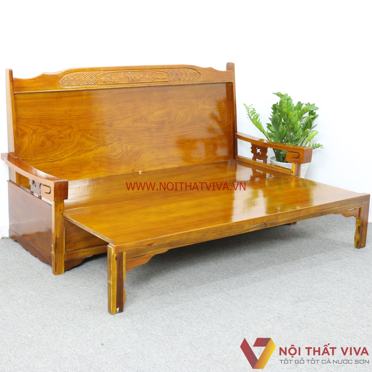 Ghế Trường Kỷ Kéo Ra Thành Giường Gỗ Xoan Đào Chạm Phúc Lộc Thọ -  200cm x 70cm x 116cm (dài x rộng x cao) / Mở ra thành giường: 185cm x 140cm x 116cm(dài x rộng x cao)