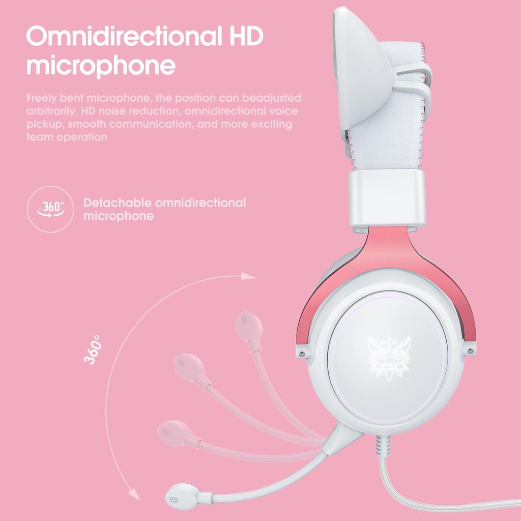 Tai nghe chơi game âm thanh nổi ONIKUMA X10 màu hồng trắng với micrô tai mèo RGB, có sẵn máy tính PC