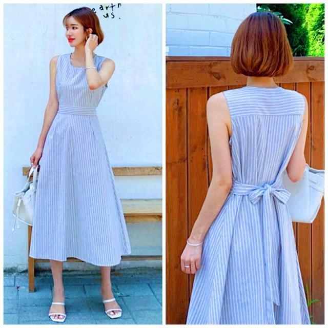 Đầm Suông Dài Xanh Sọc Bo Eo