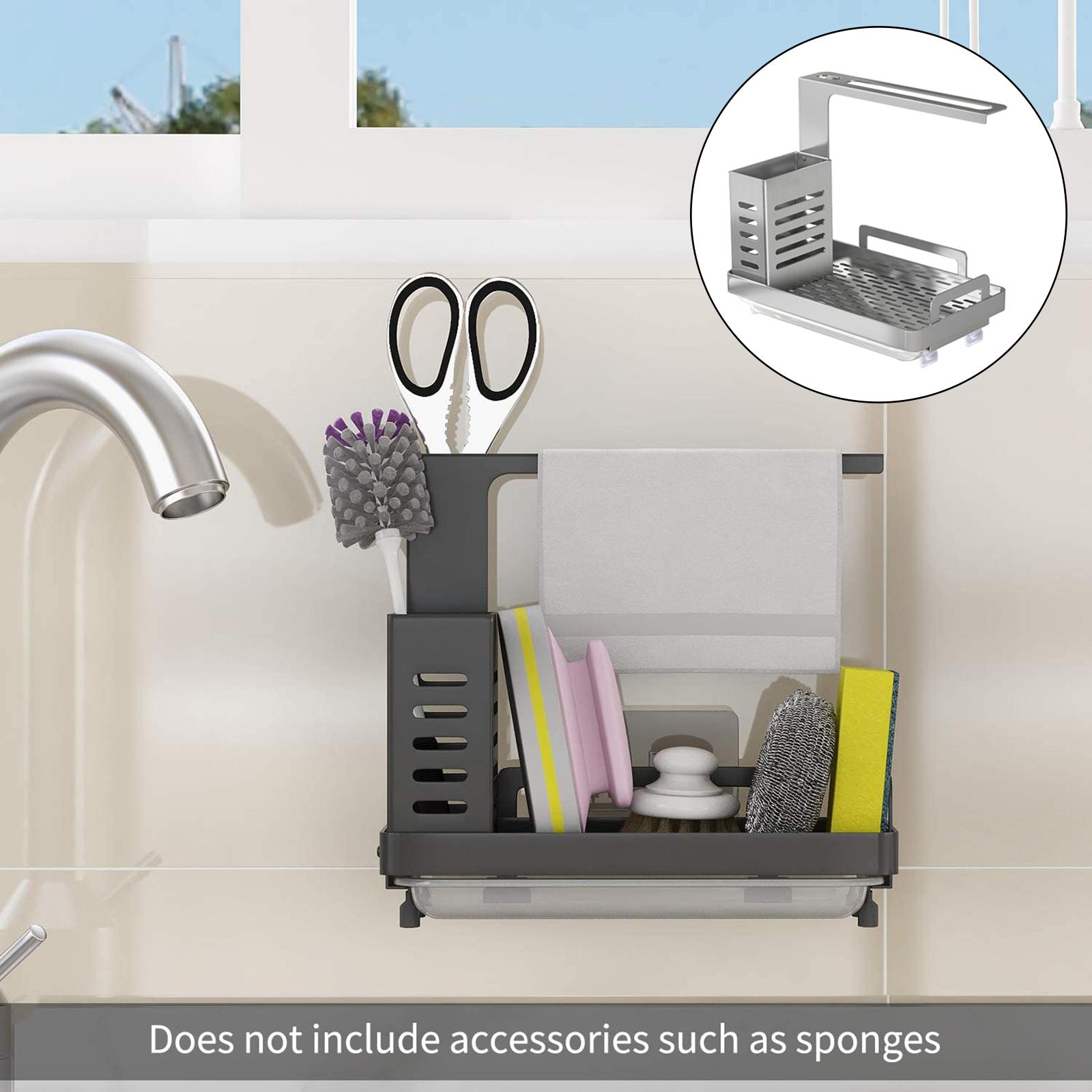 Kitchen Sink Caddy Organizer, Sponge Holder for Sink Soap Brush Dispenser Holder with Rag Rack with Drain Tray Countertop Wall Mount Stainless Steel