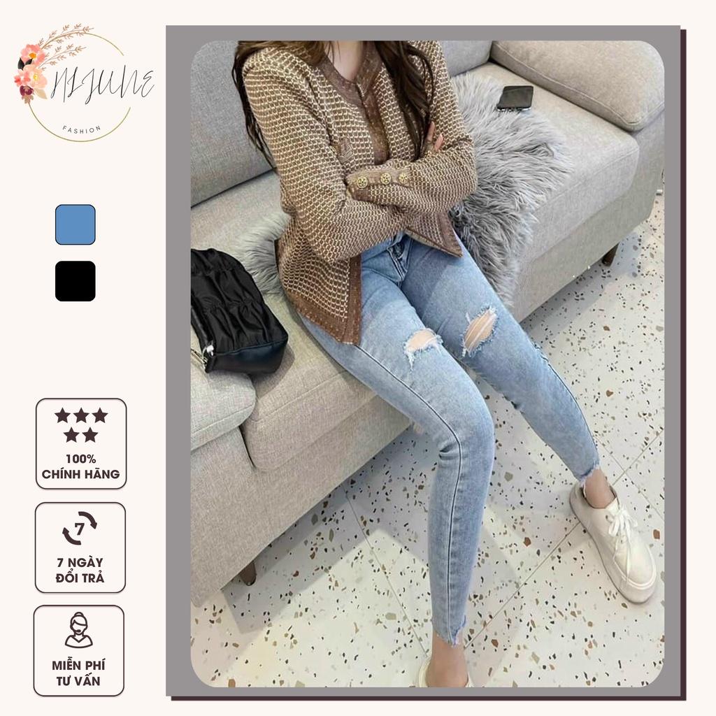 Quần jean nữ rách gối lưng cao co giãn dáng ôm skinny có túi trơn dài basic HIJUNE QJ01