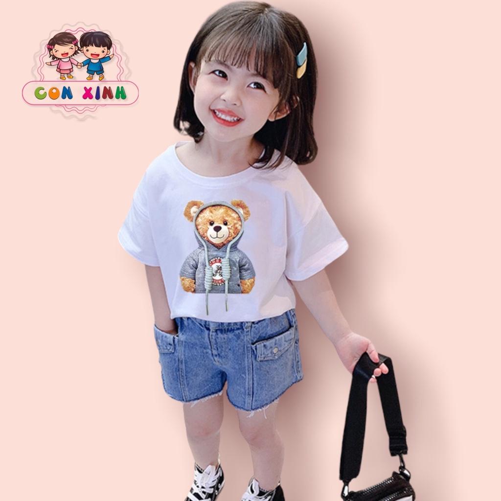Áo thun bé gái CON XINH cotton hinhg in Gấu mặc hudi, thời trang trẻ em từ 3 đến 8 tuổi