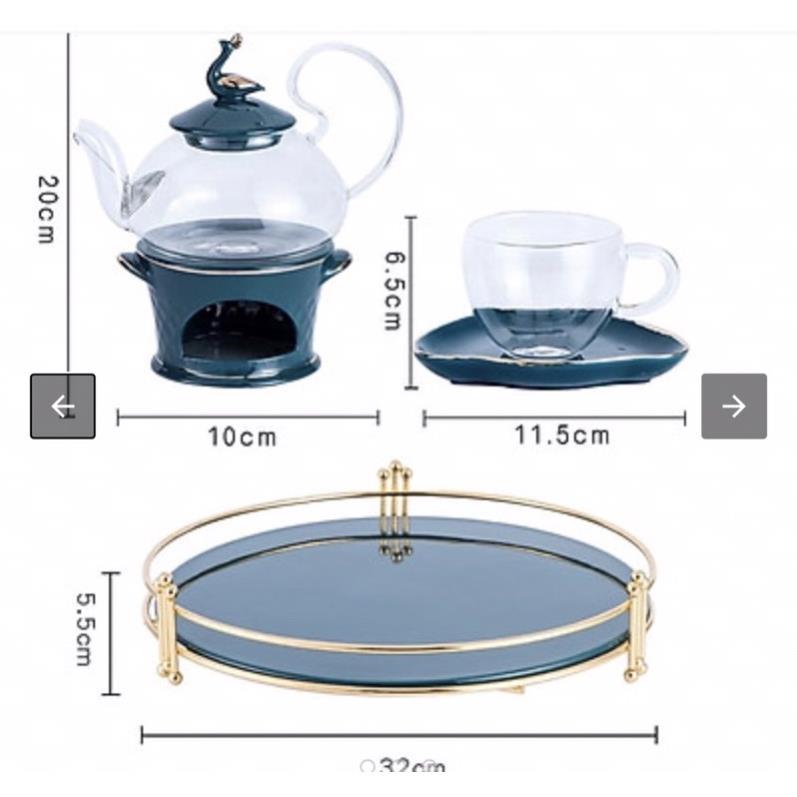 Bộ ấm chén đế nến pha trà hoa cúc ấm bằng thuỷ tinh chịu nhiệt kèm khay hình tròn BP