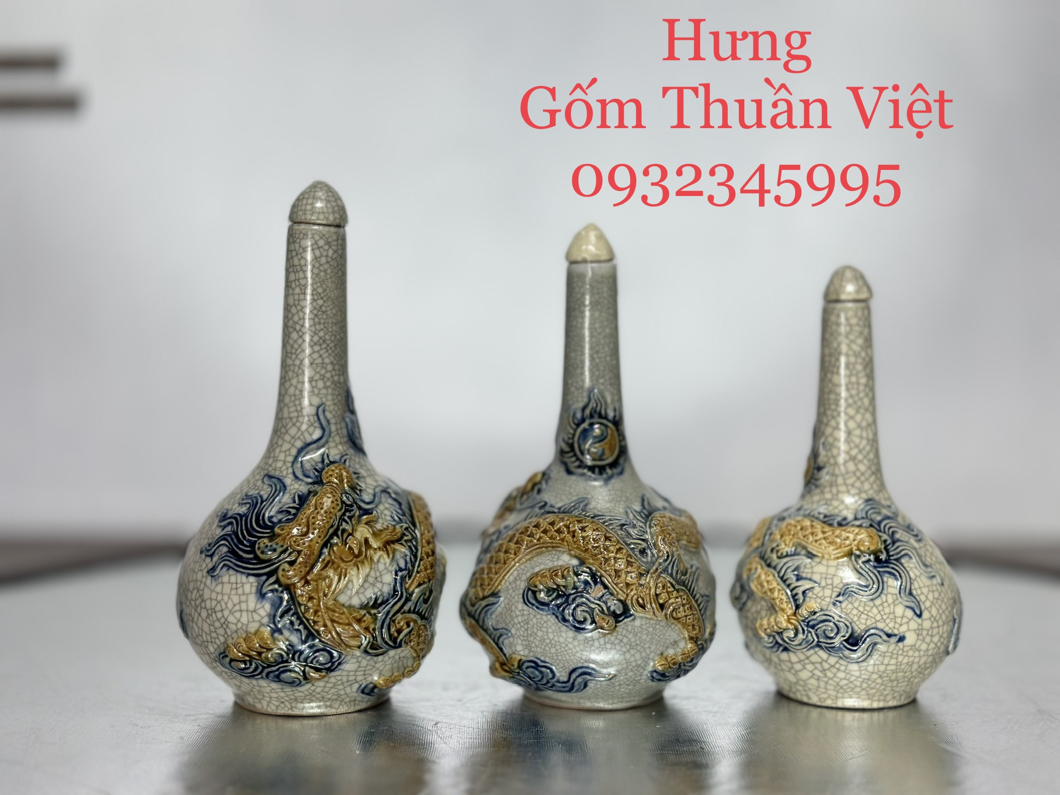 Nậm rượu Men Rạn Đắp Nổi họa tiết RỒNG, Sen - đồ thờ cúng Gốm sứ Bát Tràng cao cấp