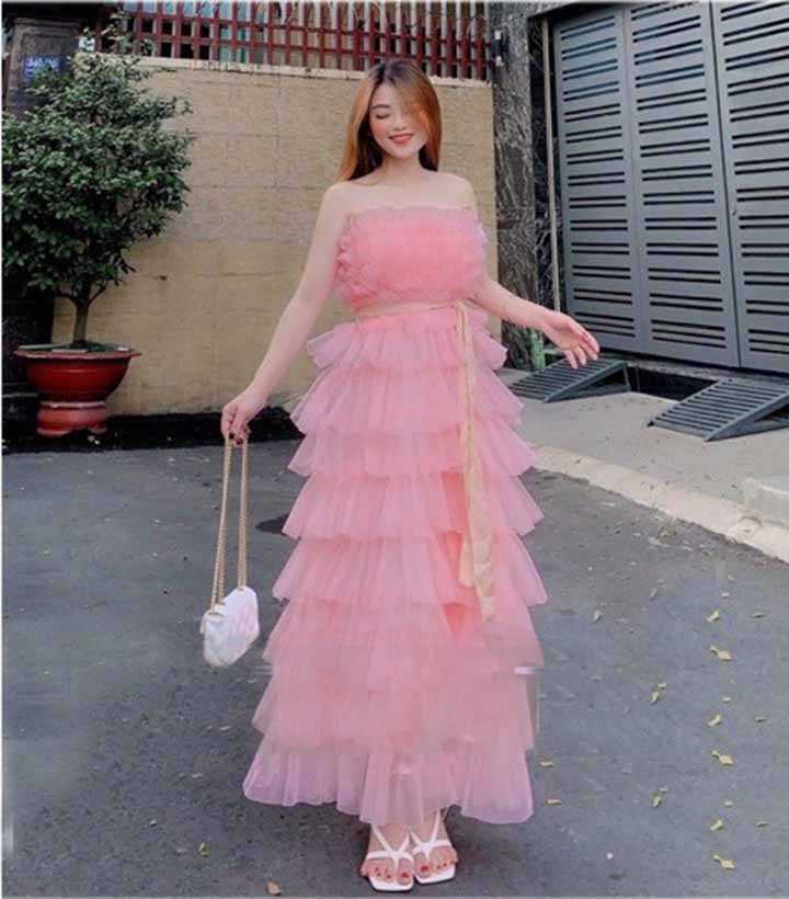 Váy Maxi Tầng Lưới voan tơ 2 dây Có Mút Ngực có ba màu - đầm Nữ trễ vai công chúa phong cách ulzzang hàn quốc