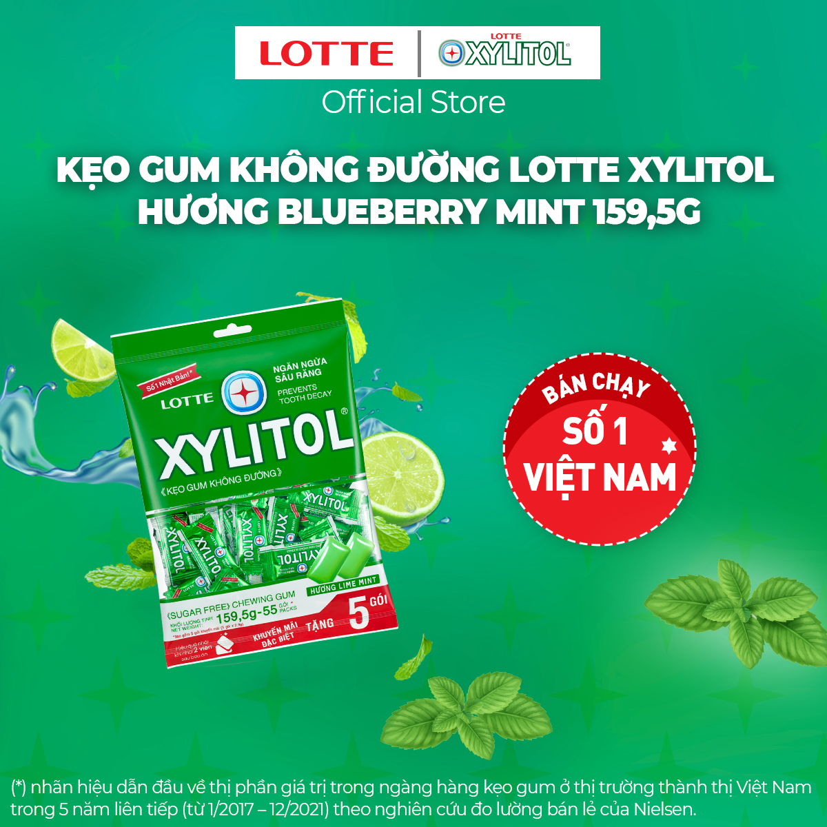 Kẹo Gum không đường Lotte Xylitol - Hương Lime Mint 159,5 g