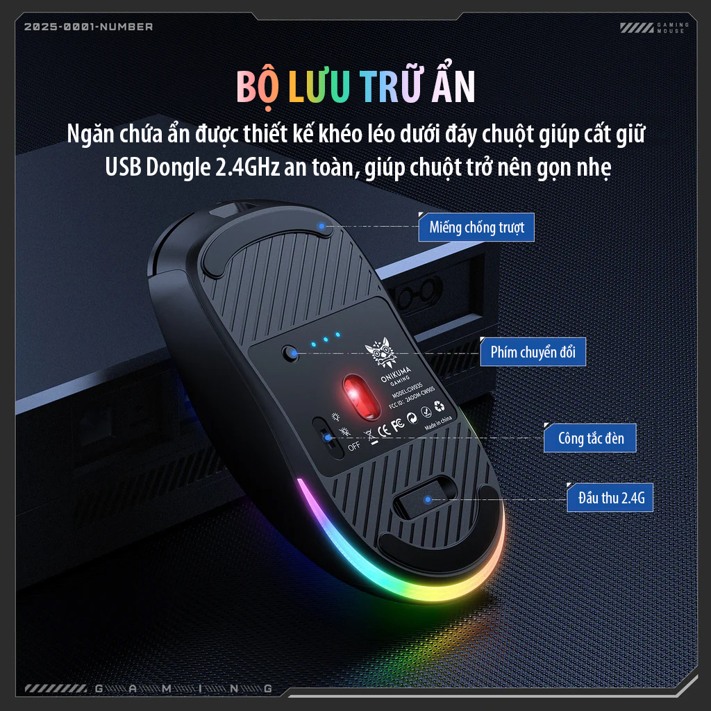 Chuột ONIKUMA CW935 Triple-Mode Ergonomic Wireless Gaming Mouse with 6 DPI Settings &amp; Hidden Receiver - Hàng Chính Hãng